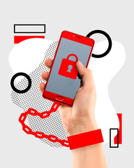 Modern aesthetic artwork. Hand handcuffed to modern phone. Smartphone with lock on screen. Concept...