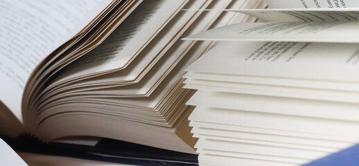 stack of books, close up. Open book on the table in library. Back to school concept. Open book on...