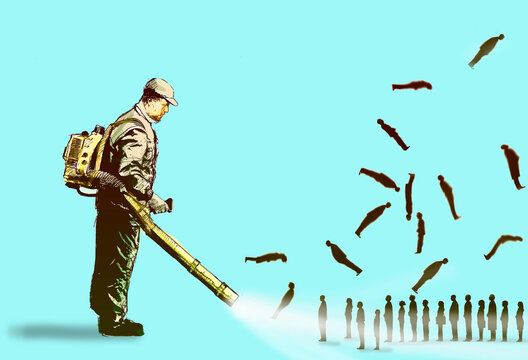 Oversized man blowing people away with leaf blower against blue background