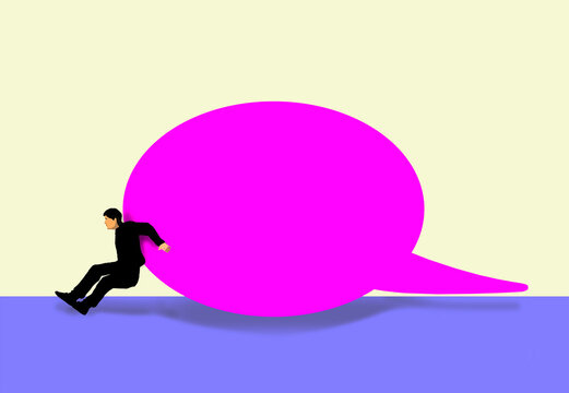 Man struggling to hold back large speech bubble