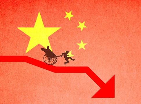 Man pulling rickshaw on descending arrow in front of Chinese flag