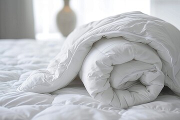 Fototapeta na wymiar White folded duvet lying on white bed background. Preparing for winter season, household, domestic activities, hotel or home textile, Generative AI 
