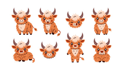 Highland cattle cow character set. Collection of vector illustrations. Adorable farm baby animal various poses collection. Happy mascot for milk and dairy products, kids, zoo