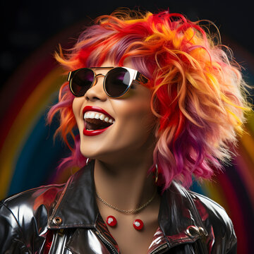 Smiling Asian Rockstar Woman with Colorful Curly Hair