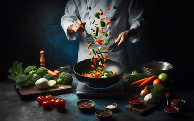 Obraz na płótnie Canvas Cooking pan and chef cooking, dark tones