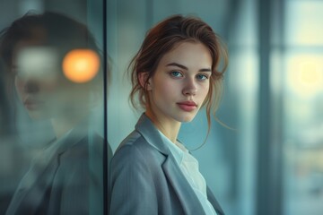 Obraz premium Serious Young Businesswoman in Suit with Reflective Office Backdrop 