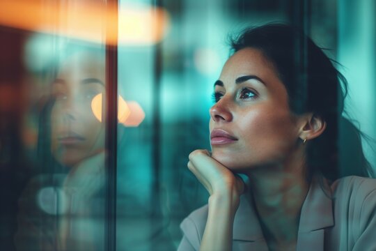 Thoughtful Woman Gazing Through Window in Moody Evening Light
