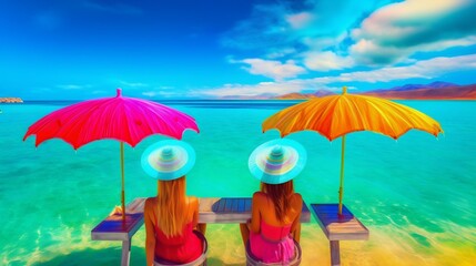 Fototapeta na wymiar Two young women enjoy refreshing summer cocktails at beach bar. Generative AI