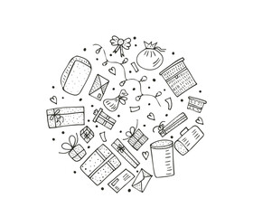 Gifts doodle style circle composition Holiday presents sketch isolated on white background. Birthday celebration round badge.