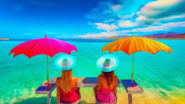 Two young women enjoy refreshing summer cocktails at beach bar. Generative AI