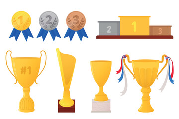 Set of medals, cubs and sport podium, pedestal isolated on background. 1st, 2nd, 3rd place. Handing awards to winner. Vector illustration in flat style. Illustrations for poster, icon, card, banner.
