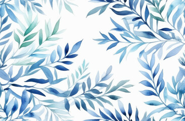 watercolor texture of blue leaves on white background