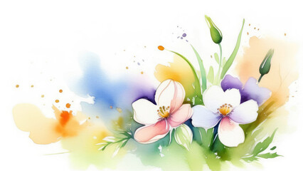 delicate spring field watercolor flowers on a white background, copy space