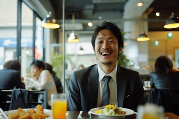 同僚とランチを食べて談笑する日本人会社員（ビジネスマン・休憩・食事・昼ごはん） - obrazy, fototapety, plakaty