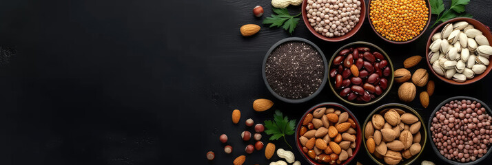 various bowls of nuts, seeds and legumes on a black background - obrazy, fototapety, plakaty