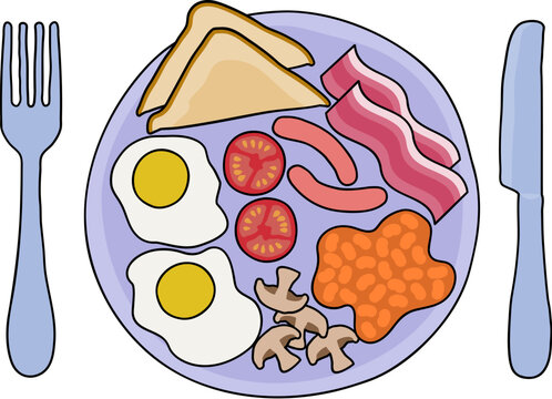 A full English fried breakfast plate meal table place setting with knife and fork cutlery