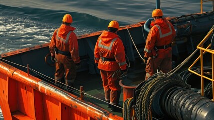 professionalism of the cargo ship crew as they demonstrate safety procedures while wearing safety gear, emphasizing their commitment to a secure maritime environment