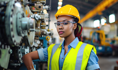 Professional engineer black women , worker, woman afican mechanical, maintenance, check in factory, warehouse Workshop for factory operators,  - Powered by Adobe