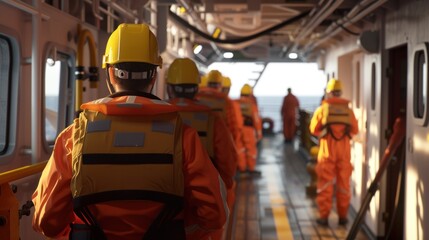 Scene featuring the cargo ship crew in action during a readiness drill, showcasing the use of safety gear and highlighting the significance of being prepared for potential challenges at sea.
