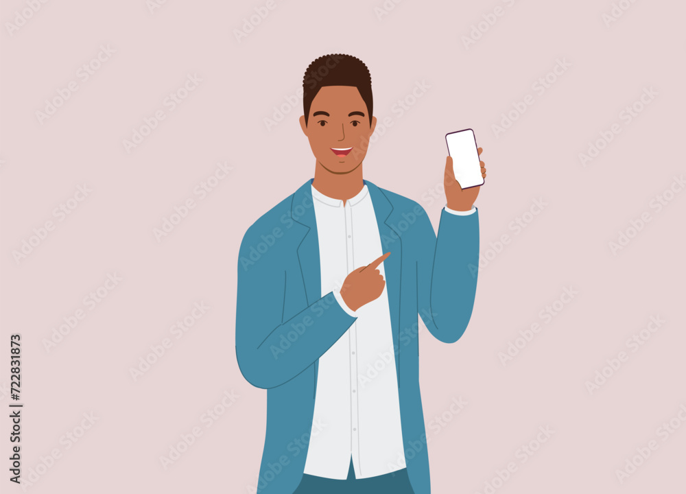 Poster one smiling black businessman displaying his mobile phone with blank empty screen. half length.