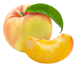 Yellow Peach fruit with leaf isolated on white background, Fresh Yellow Peach on White Background PNG File.