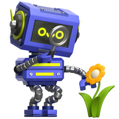 Robot Observing Flower 3D Illustration