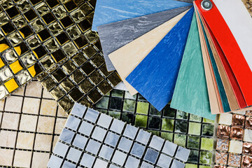 Colored samples of ceramic tiles for kitchen or bathroom interior material design of house, floor