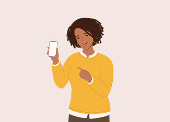 One Smiling Black Businesswoman Displaying Her Mobile Phone With Blank Empty Screen. Half Length.