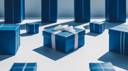 Repetitive pattern of dark blue gift boxes tied with textured white ribbons and bows. Concept for birthdays, holiday events or other celebrations. Top view, banner template, poster design. 