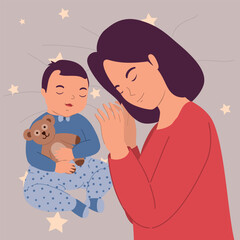 Smiling Mother And Little Baby Boy Sleeping Together On Bed. Half Length.