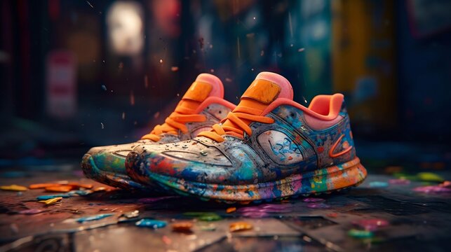 Sneakers in paint on graffiti background. Generative AI