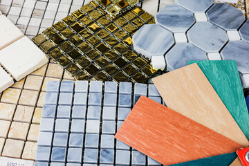 Colored samples of ceramic tiles for kitchen or bathroom interior material design of house, floor