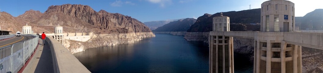 Hoover Dam, Nevada, Arizona, United States - 22 Nov 2019: Scenic view of the upstream of Hoover Dam, Nevada