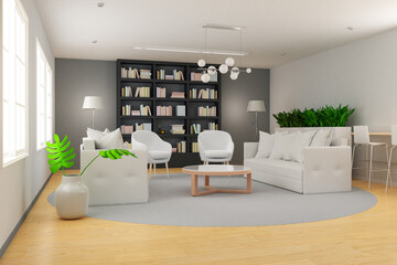 Living room interior in cozy style with bookcase