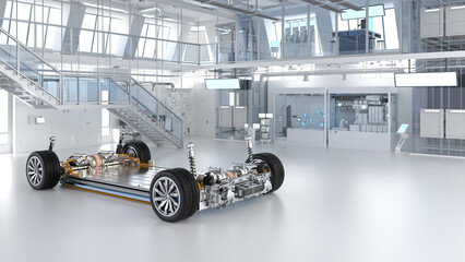 Electric car research and development with ev car with pack of battery cells module on platform in...
