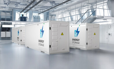 Energy storage systems or battery container units in factory - obrazy, fototapety, plakaty