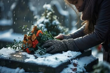 Mourning young woman laying flowers on grave in cemetery on snowy winter day. Mourn, grief and respect respect for dead person, Generative AI  - Powered by Adobe