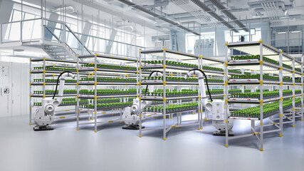 Agriculture technology concept with 3d rendering robotic arm spray fertilizer on plants in...