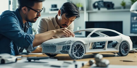 Industrial designer and engineer collaborating on the future of automotive design. They work on a model car infused with artificial intelligence.