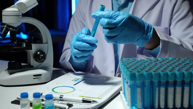 chemical researcher, scientist Functional analysis with blue liquid test tubes in the laboratory. chemical science or medical biological experimental technology Pharmacy Development Solution.