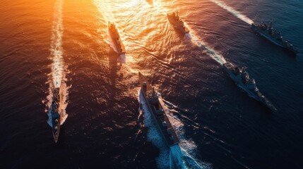 Military defense ships in the sea, military training, military threat, aerial view