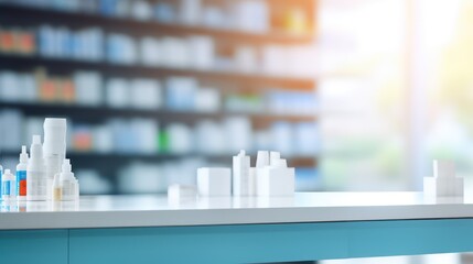 Counter with a blurred pharmacy store background, showcasing empty shelves ready for product display - obrazy, fototapety, plakaty