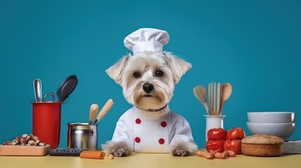 Cute dog as a chef on colored background, concept of Adorable and Kitchen,