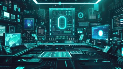 Fototapeta premium High Tech Lab with AI Chip and surrounded by various electronic devices, AI, Artificial Intelligence concept background