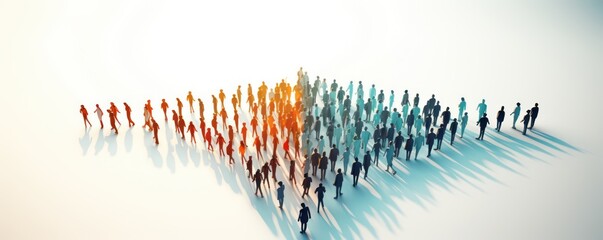 Leadership and successful business ideas concept 3d rendering of crowd 3d low polygon people arrow shape form walk together on white floor color tone image, top view
