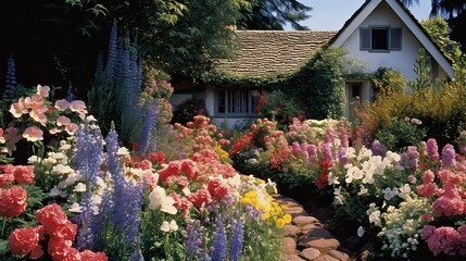 Picturesque, cottage garden, blooming flowers, vibrant, colorful, floral abundance, serene, natural beauty, blossoming. Generated by AI.