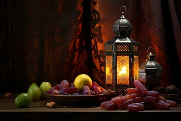 Holy Ramadan concept. lantern, dates fruit - generative ai