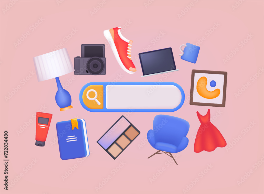 Poster 3d search bar template for website. navigation search for web browser. shopping concept. 3d web vect