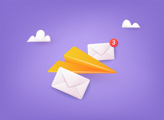 3D Mail Envelope and Paper Plane. Notification Message. Subscribe to newsletter. 3d vector illustration for online marketing and business.