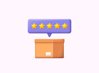 Customer review concepts. Reviews stars with cardboard box. 3D Web Vector Illustrations.